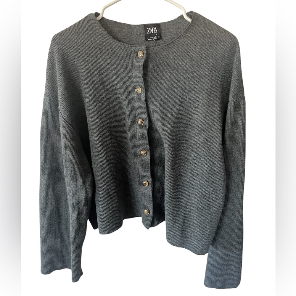Zara Ribbed Cropped Grey Cardigan Large